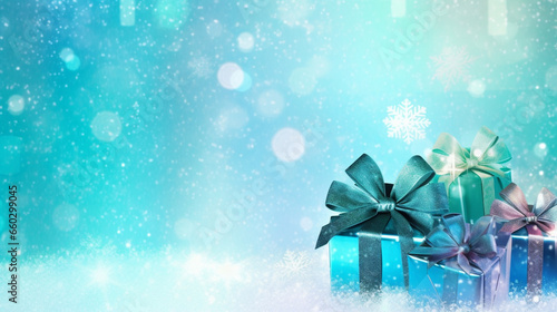 horizontal background gifts colors snow bows ribbon holiday celebration turquoise © alisaaa