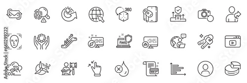 Icons pack as Fake internet, Internet and Headshot line icons for app include Report statistics, Keys, Fingerprint outline thin icon web set. Employee hand, Face detection. Vector
