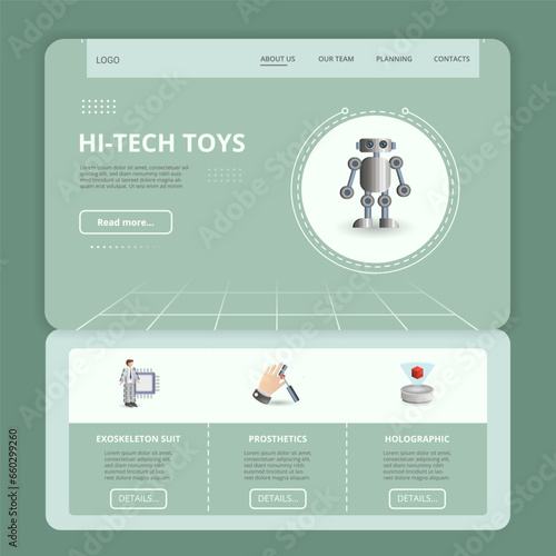 Hi-tech toys flat landing page website template. Exoskeleton suit, prosthetics, holographic. Web banner with header, content and footer. Vector illustration.