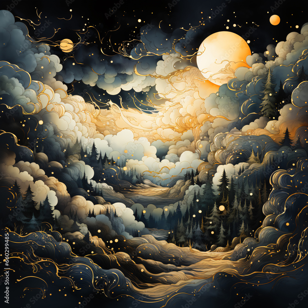 Obraz premium A watercolor design featuring a fantasy landscape.