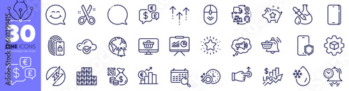 Presentation, Loyalty points and Cut line icons pack. Smile face, Phone, Electric energy web icon. Money currency, Cloud computing, Wholesale inventory pictogram. Lock. Design with pen tool. Vector