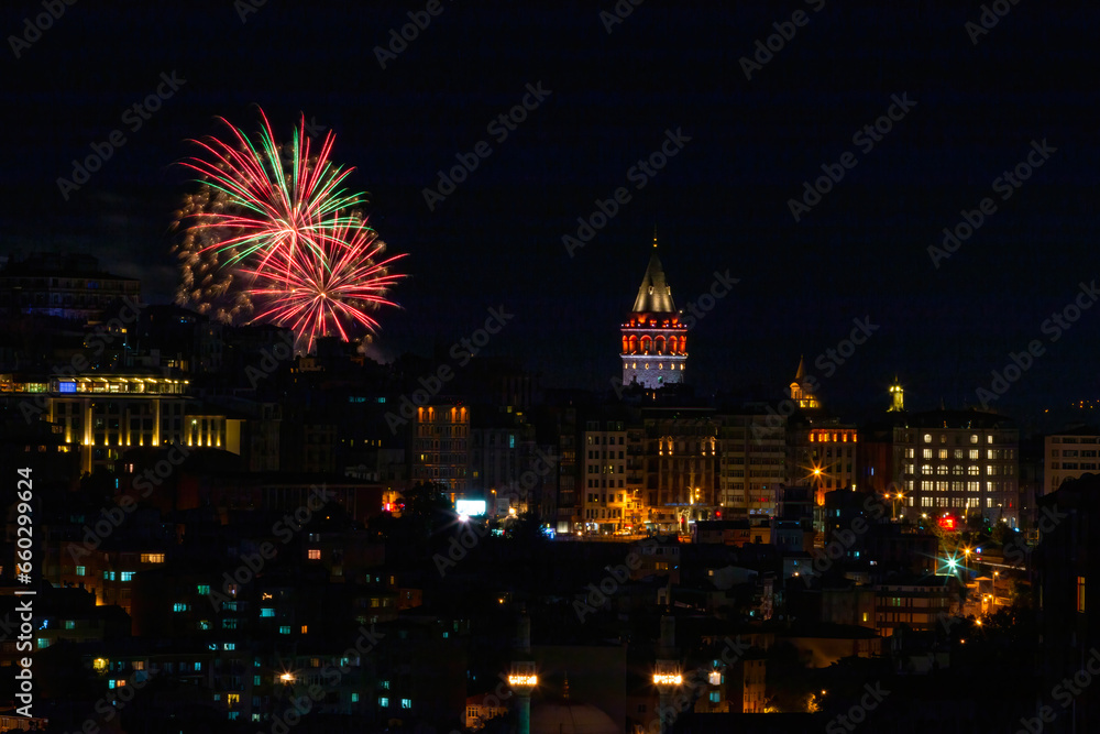 New Year celebrations and fireworks at Galata Tower in Istanbul Turkey