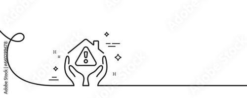 House protection line icon. Continuous one line with curl. Building warning sign. Home insurance symbol. House protection single outline ribbon. Loop curve pattern. Vector