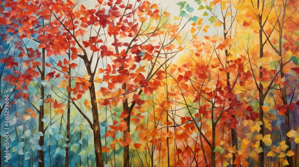 Forest canopy weaves a tapestry of vibrant hues, soon to descend earthward. Falling leaves natural background.