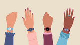 Group of female hands with wrist watches. Fashion clock collection. Hand drawn vector illustration isolated on light background, flat cartoon style.