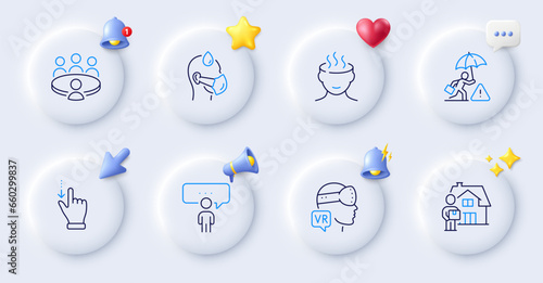 Delivery man, Stress and Consulting business line icons. Buttons with 3d bell, chat speech, cursor. Pack of Risk management, Meeting, Augmented reality icon. Vector