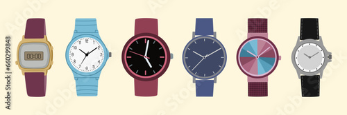 Set of modern wristwatches. Fashion clock collection. Various accessories for men and women. Hand drawn vector illustration isolated on light background, flat cartoon style.