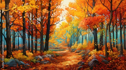 Forest canopy weaves a tapestry of vibrant hues, soon to descend earthward. Falling leaves natural background.