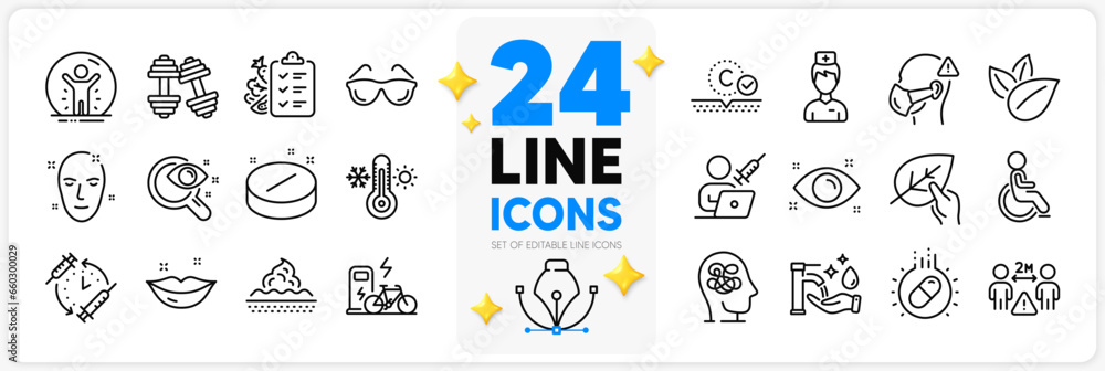 Icons set of Electric bike, Skin care and Vaccination appointment line icons pack for app with Organic tested, Capsule pill, Organic product thin outline icon. Collagen skin, Diet menu. Vector