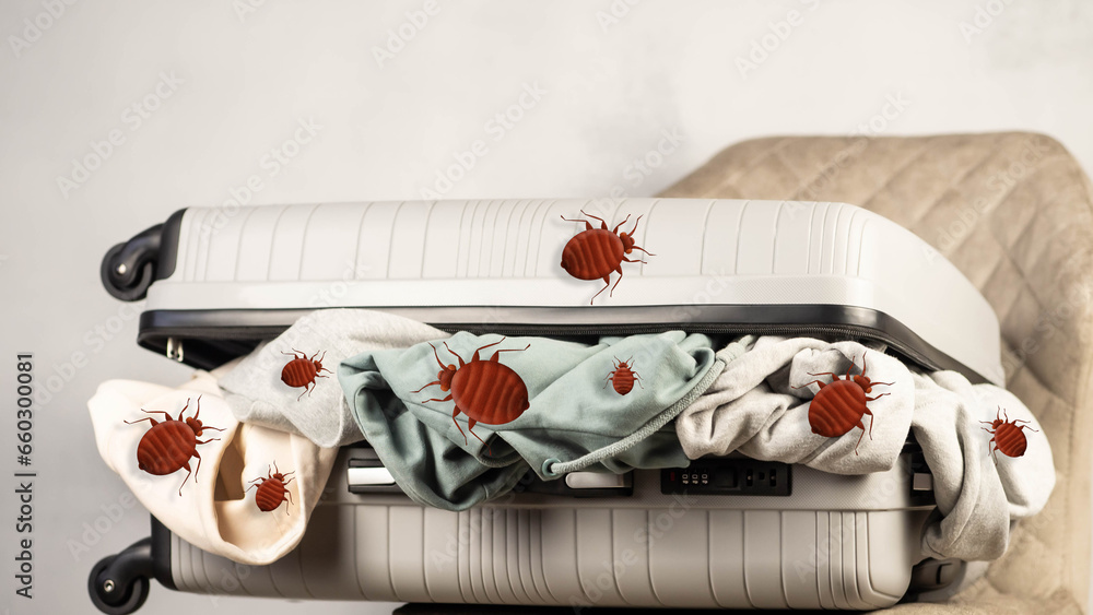 Bedbugs in a suitcase with things. Carrying bedbugs in a suitcase from