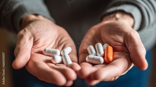Close up of male hands holding pills. Focus on foreground, blurred background