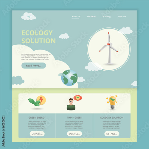 Wind energy flat landing page website template. Green energy, think green, ecology solution. Web banner with header, content and footer. Vector illustration.