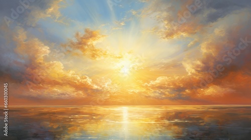 Golden rays kiss horizon, painting sky ablaze