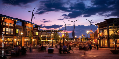 Vibrant Town Square Illuminated by the Brilliance of Wind Turbines  Showcasing Sustainable Energy and Community Engagement