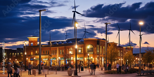 Vibrant Town Square Illuminated by the Brilliance of Wind Turbines  Showcasing Sustainable Energy and Community Engagement
