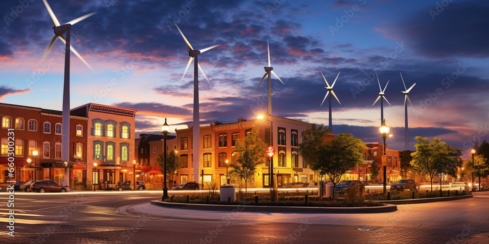 Vibrant Town Square Illuminated by the Brilliance of Wind Turbines, Showcasing Sustainable Energy and Community Engagement