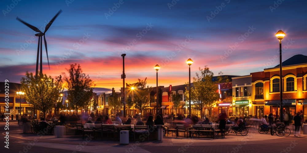 Fototapeta premium Vibrant Town Square Illuminated by the Brilliance of Wind Turbines, Showcasing Sustainable Energy and Community Engagement