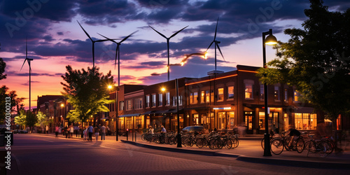 Vibrant Town Square Illuminated by the Brilliance of Wind Turbines, Showcasing Sustainable Energy and Community Engagement