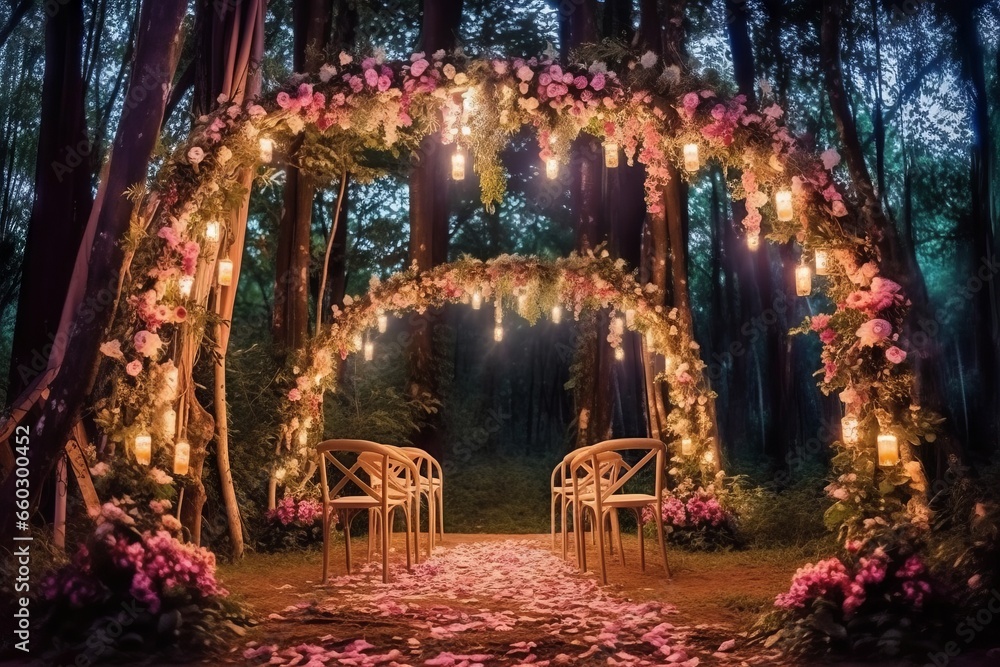 Wedding arch decorated with pink flowers in the night forest.