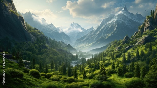 Lush green forest amidst towering mountains. Biodiversity and natural environment concept.