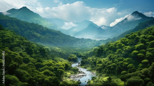 Lush green forest amidst towering mountains. Biodiversity and natural environment concept.