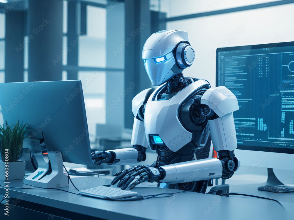 Futuristic robot analising data in a futuristic office, robot working in a office, computer, desk, Futuristic robot analising data in a futuristic office, robot working in a office, computer, desk,