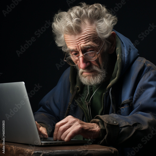 Generative AI,Senior man with grey hair and beard sitting in front of a laptop computer