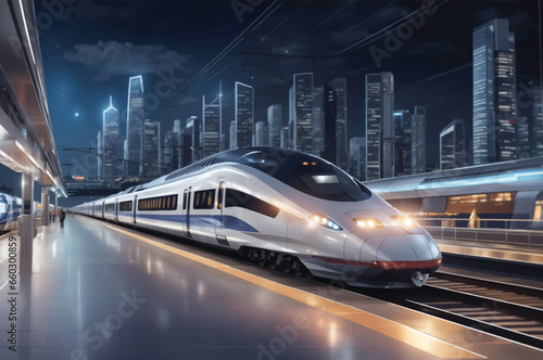 Modern high speed red commuter train at the railway station at sunset