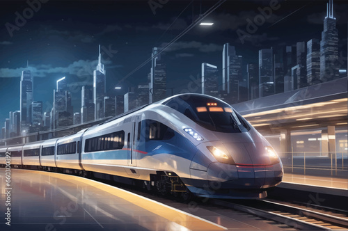 Modern high speed red commuter train at the railway station at sunset