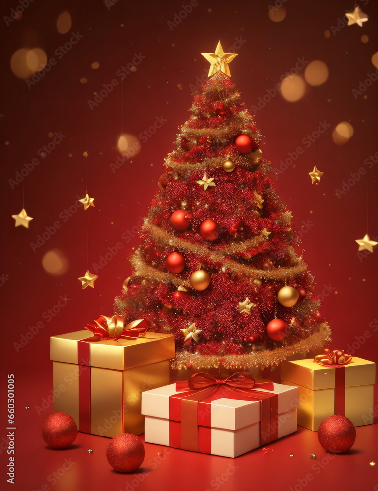 Christmas sparkling bright tree with star. Realistic 3d design of objects, light garlands, bauble ball, Gift box, surprise gifts, gold confetti. red background