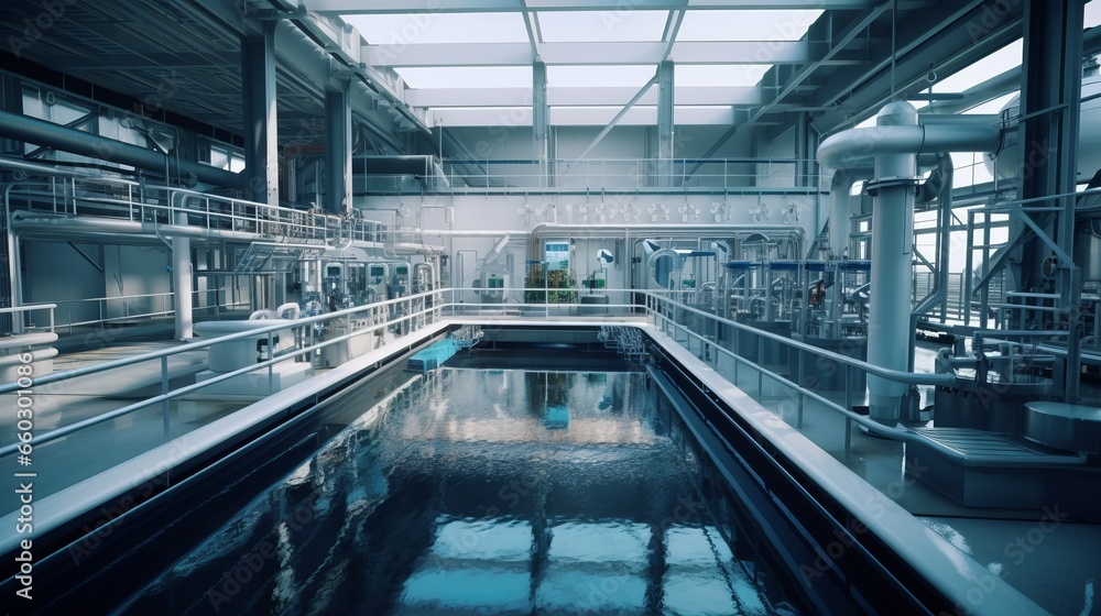 Naklejka premium Biological water treatment plant, Industrial wastewater treatment plant purifying water before it is discharged.