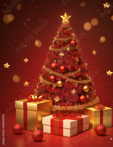 Christmas sparkling bright tree with star. Realistic 3d design of objects, light garlands, bauble ball, Gift box, surprise gifts, gold confetti. red background