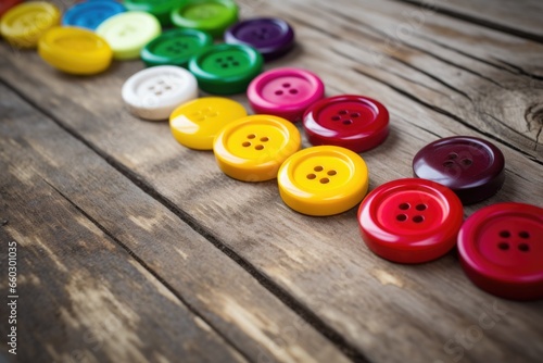 the close-up of children胢s colorful buttons on a wooden plank