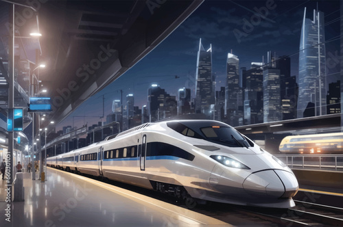 Modern high speed red commuter train at the railway station at sunset