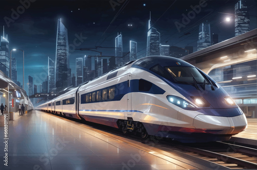 Modern high speed red commuter train at the railway station at sunset