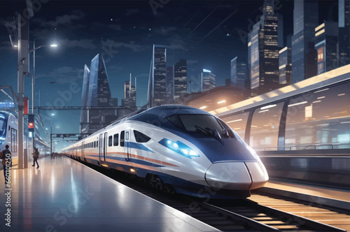 Modern high speed red commuter train at the railway station at sunset