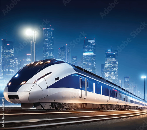 Modern high speed red commuter train at the railway station at sunset