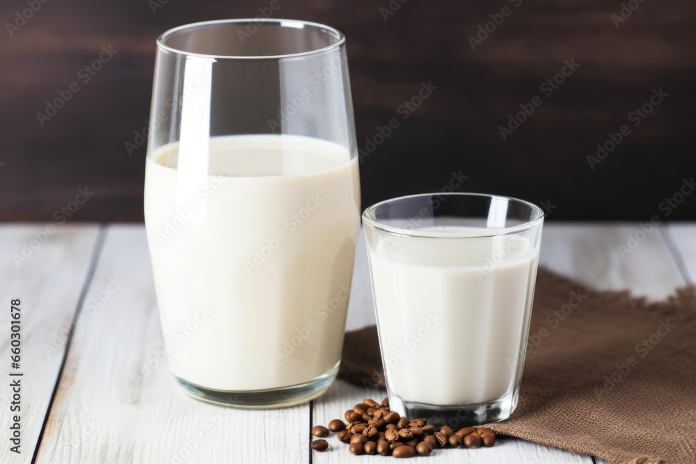 a cup of coffee next to a bottle of milk a cup of coffee next to a bottle of milk