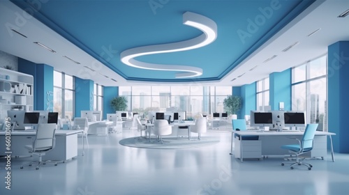 Modern white and blue open space office interior.Generative AI
