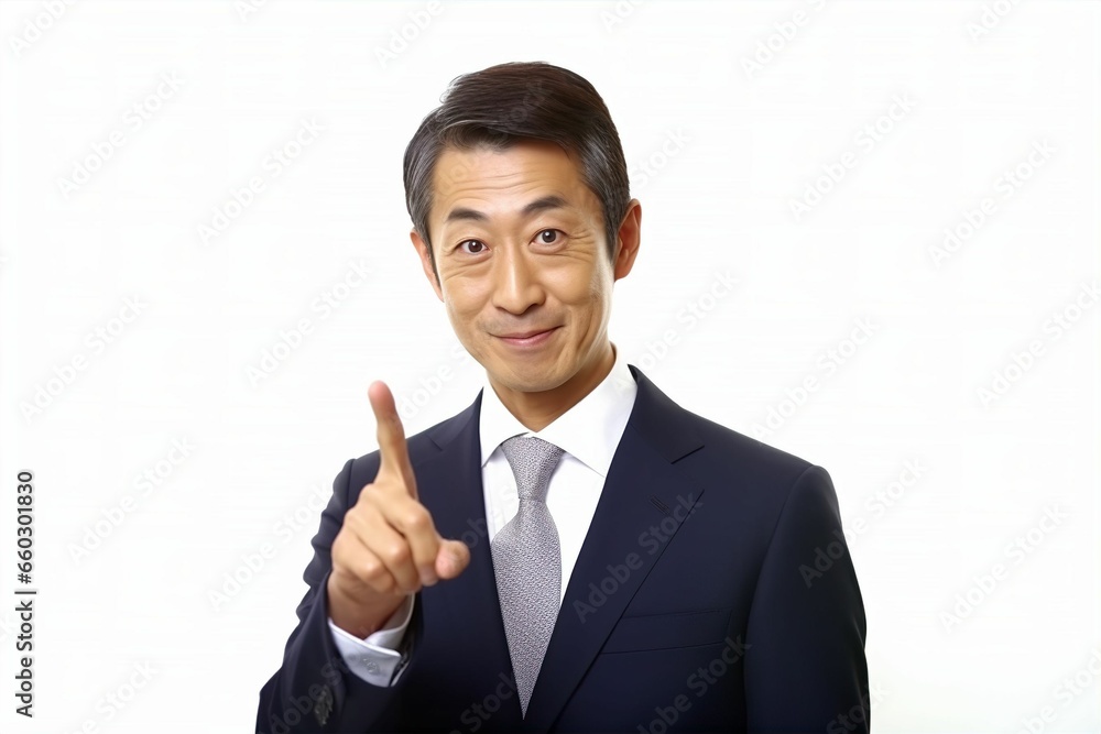指をさす日本人の男性シニアビジネスマンのポートレート写真（白背景・サラリーマン・スーツ・年配・社長・課長・部長・役職）