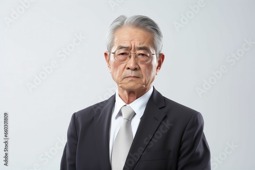  憂鬱な日本人の男性シニアビジネスマンのポートレート写真（白背景・サラリーマン・スーツ・年配・社長・課長・部長・役職）