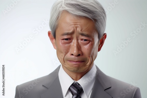 悲しい辛い泣く日本人の男性シニアビジネスマンのポートレート写真（白背景・サラリーマン・スーツ・年配・社長・課長・部長・役職）