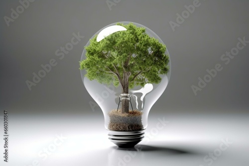 White isolated light bulb with green tree representing green energy concept. Generative AI