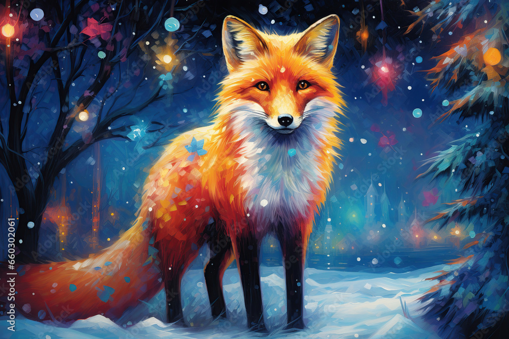 beautiful red fox in the snow, magical winter scene, colorful art