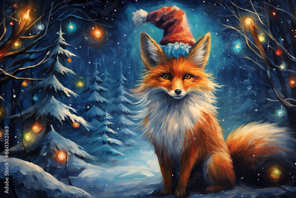 red fox with santa hat in the snow, glowing christmas lights in a magical winter forest