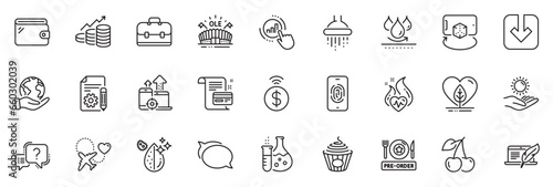 Icons pack as Portfolio  Question mark and Augmented reality line icons for app include Documentation  Load document  Growth chart outline thin icon web set. Pre-order food  Seo devices. Vector