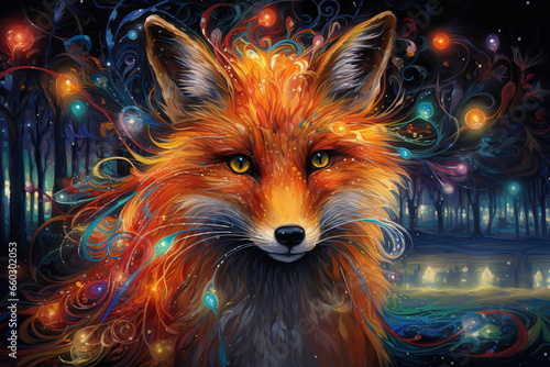 beautiful illustration of a red fox in a magical fantasy scene, colorful art, mythical creature
