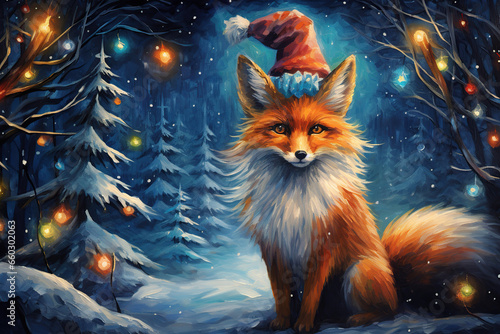 red fox with santa hat in the snow, glowing christmas lights in a magical winter forest © Dianne