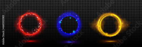 Circular fantastic portal with light neon effect. Realistic vector illustration set of colorful glowing neon rings - magic gateway for traveling in space or time. Luminous teleport power technology.