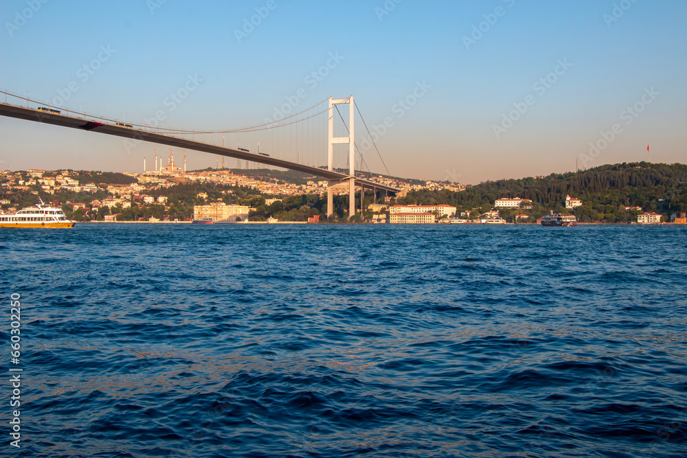 Istanbul Bosphorus Bridge or 15 July Martyrs Bridge on a sunny summer day with the deep blue sea Istanbul Bosphorus Bridge or 15 July Martyrs Bridge on a sunny summer day with the deep blue sea